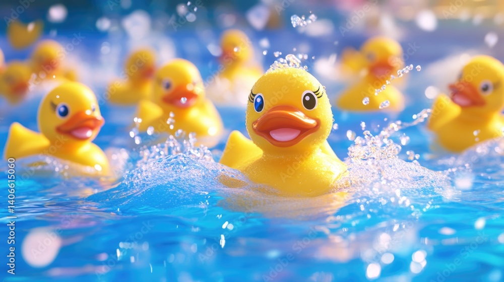 Vibrant yellow rubber ducks floating and splashing in blue pool water Vibrant yellow rubber ducks floating and splashing in blue pool water