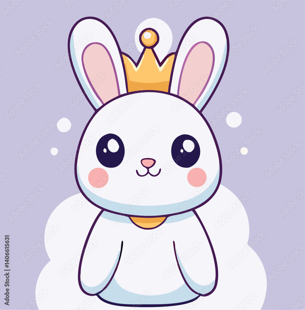 Obraz premium Cute Bunny Rabbit With Golden Crown Cartoon Illustration On Lavender Background