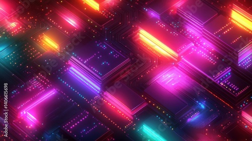 A vibrant digital landscape of illuminated circuitry, showcasing colorful lights and intricate patterns in a futuristic design.