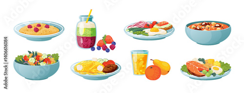 Healthy meal. Diet food nutrition. Salad plate. Fresh vegetables. Full dish with fish or soup. Porridge with fruit. Smoothie glasses. Isolated table bowls set. Vector lunch collection
