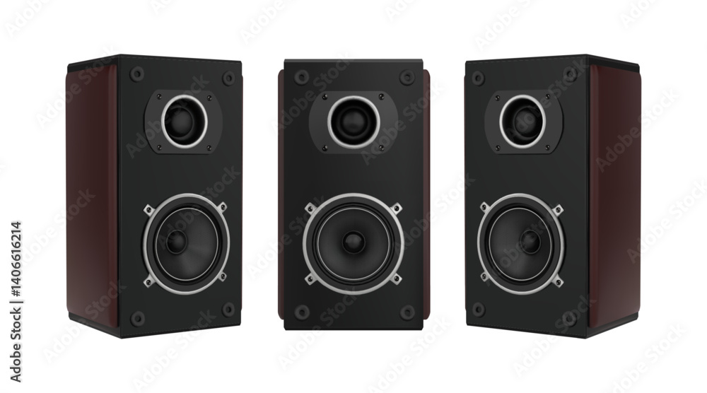 Music speaker. Audio recorder. Sound loudspeaker system. Black stereo acoustics. Disco woofer front side. Studio bass. Multimedia electronic equipment. Vector 3D boombox objects set Music speaker. Audio recorder. Sound loudspeaker system. Black stereo acoustics. Disco woofer front side. Studio bass. Multimedia electronic equipment. Vector 3D boombox objects set