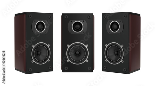 Music speaker. Audio recorder. Sound loudspeaker system. Black stereo acoustics. Disco woofer front side. Studio bass. Multimedia electronic equipment. Vector 3D boombox objects set