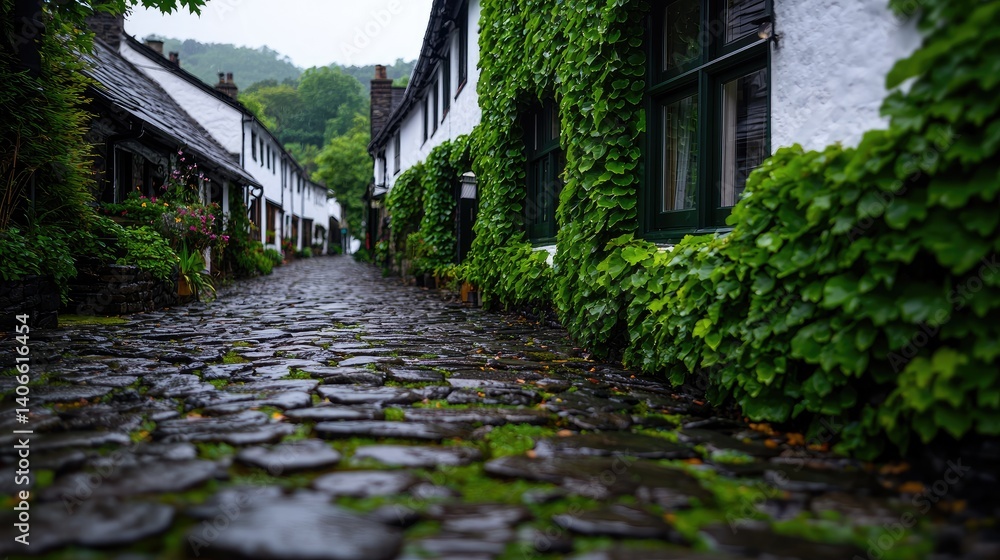Historic cobblestone street with lush ivy covered buildings Historic cobblestone street with lush ivy covered buildings