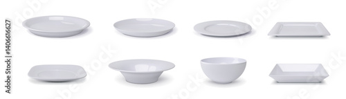 White plate. Dish side view, empty aerial dinner shot above blank porcelain dinner crockery, lunch place top, dinner tableware different forms, serving bowl. Vector 3d isolated object