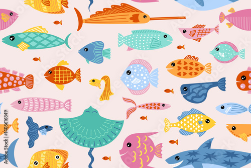 Fish pattern. Cute childish funny background, summer marine texture or scandinavian sea animal kids print. Decor textile, wrapping paper. Underwater characters. Vector seamless wallpaper