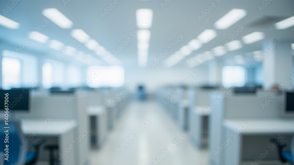 Fototapeta premium Modern office space with blurred desks, light-filled atmosphere, empty workstations for remote employees, professional environment, seamless design
