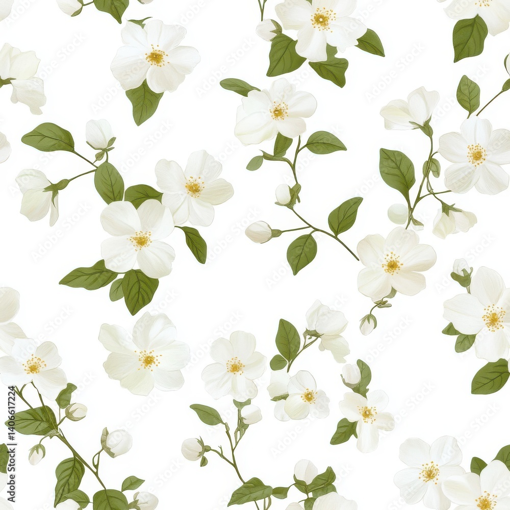 Fototapeta premium Seamless White Flower Pattern with Green Leaves