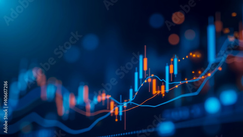 Abstract financial chart showing dynamic stock market trends with glowing candlesticks and network connections in a blue tone background