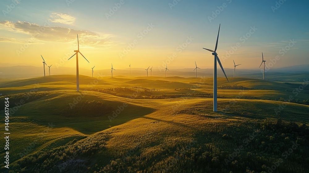 Obraz premium Aerial view of wind turbines on rolling hills at sunset. Possible use Sustainable energy, renewable resources, environmental conservation