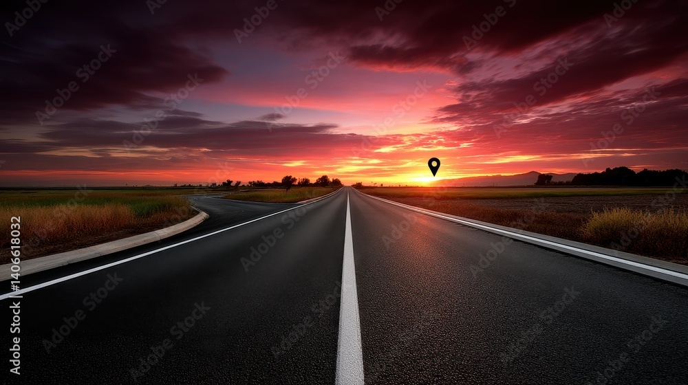Fototapeta premium Empty road vanishing into a vivid sunset, with a GPS pin hovering in the sky, symbolizing destiny and direction