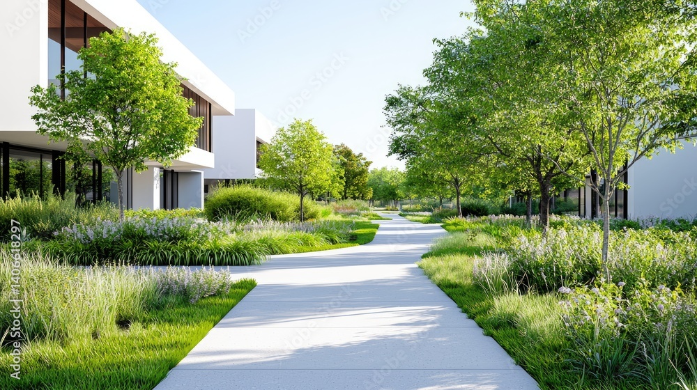 Fototapeta premium Modern homes lush greenery peaceful residential neighborhood walkway