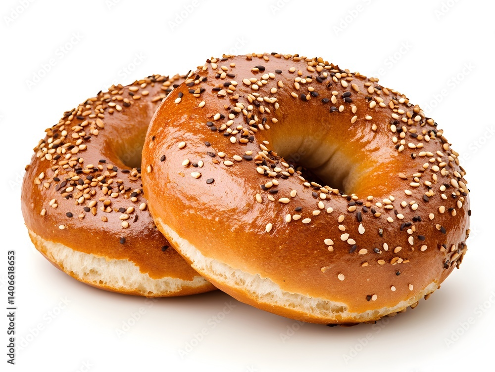 Two delicious golden brown everything bagels with sesame seeds are perfectly baked and ready to eat. Two delicious golden brown everything bagels with sesame seeds are perfectly baked and ready to eat.