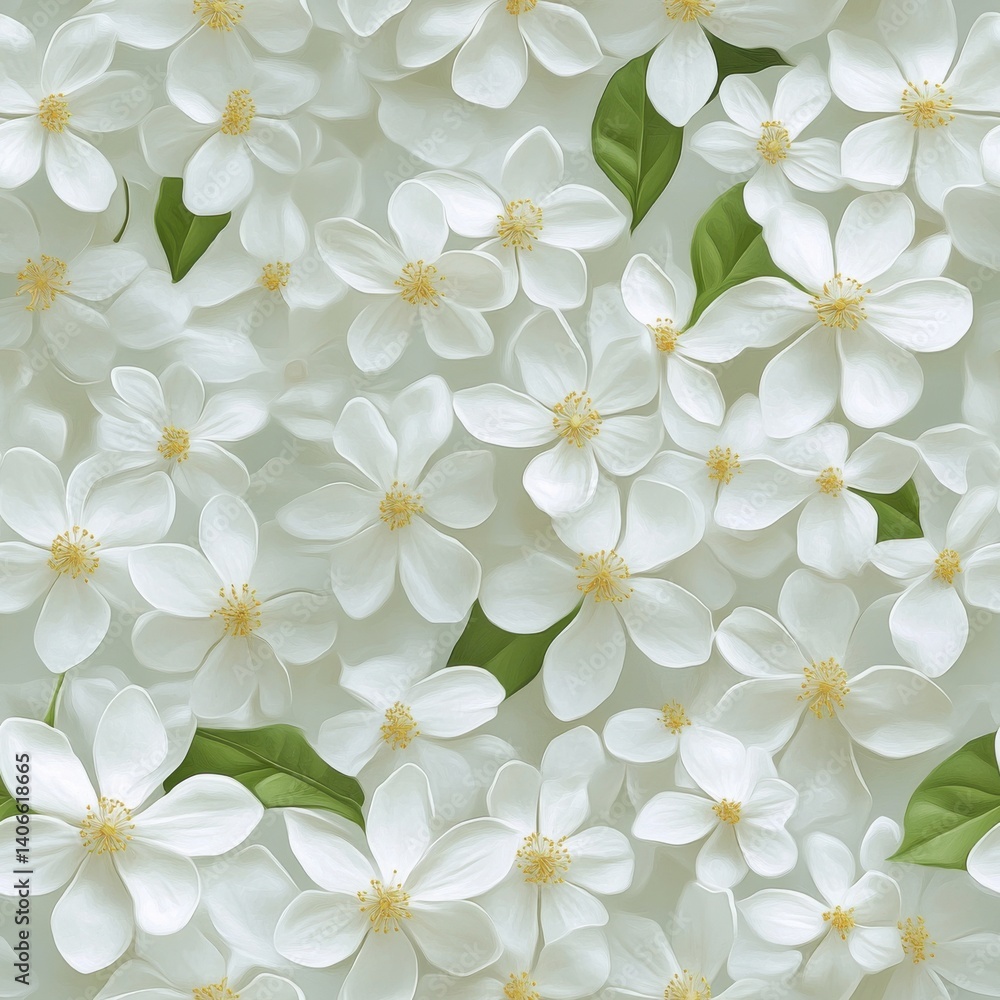 Fototapeta premium White Flower Floral Pattern with Green Leaves on Light Background