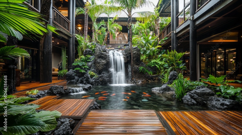 Naklejka premium Serene Tropical Oasis with Waterfall and Lush Greenery in Luxury Hotel