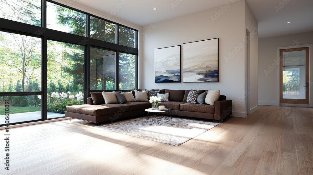Fototapeta premium Modern minimalist living room interior design with large windows and neutral color palette