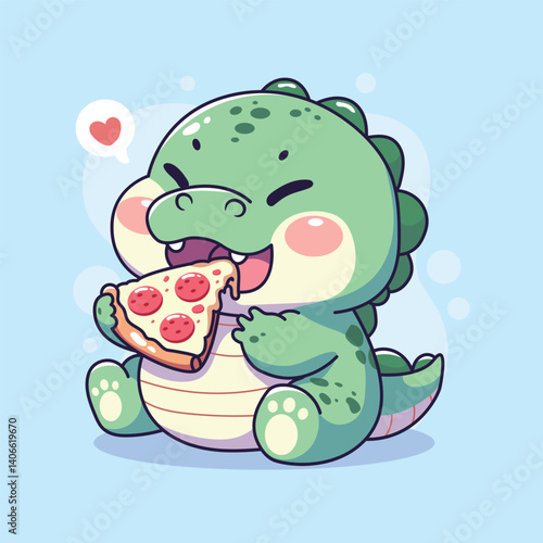 Cute crocodile eating pizza. Vector illustration in cartoon style.