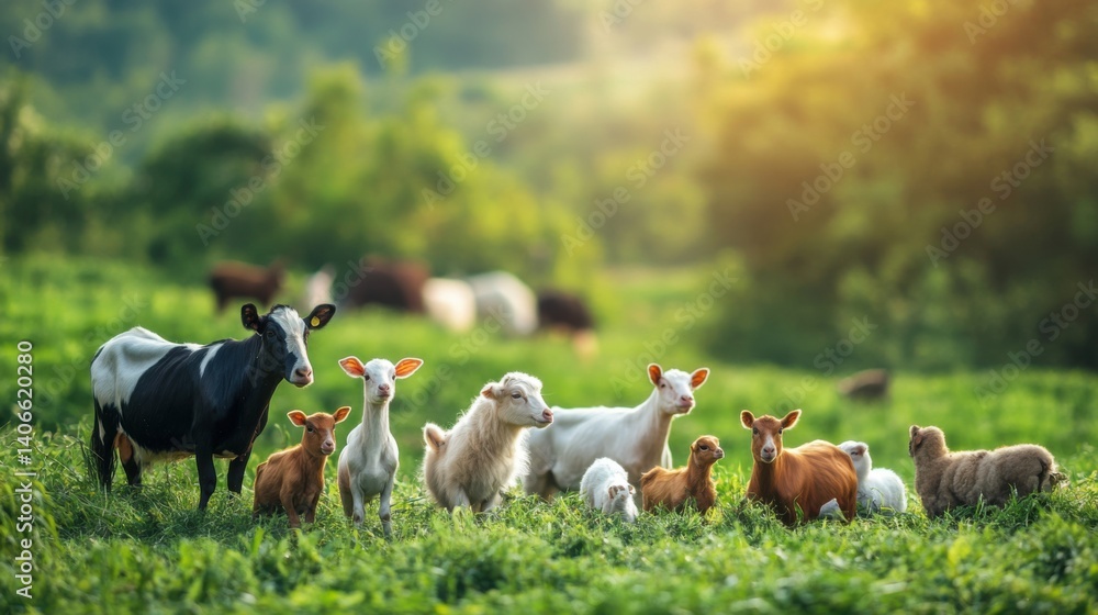 Fototapeta premium A biodiverse farm with various animals coexisting harmoniously