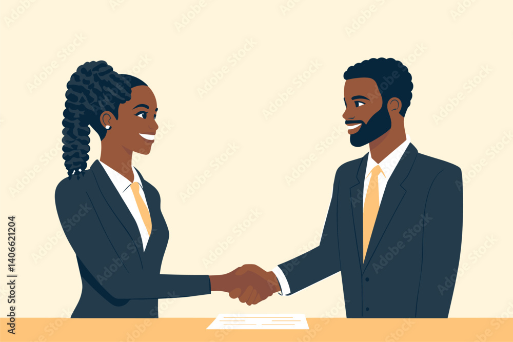 African woman in formalwear with box braids shaking hands with a male business partner after a deal, contract on table vector illustration