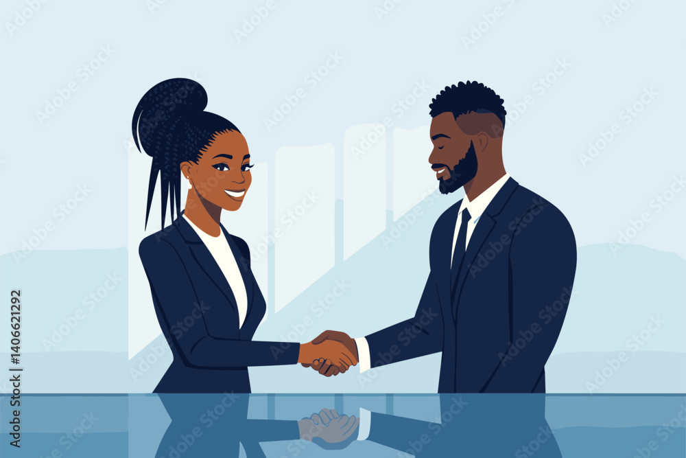 African woman in formalwear with box braids shaking hands with a male business partner after a deal, contract on table vector illustration