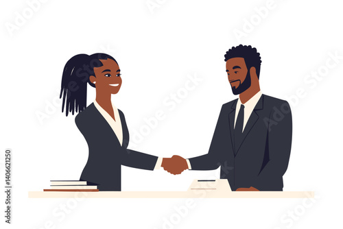 African woman in formalwear with box braids shaking hands with a male business partner after a deal, contract on table vector illustration