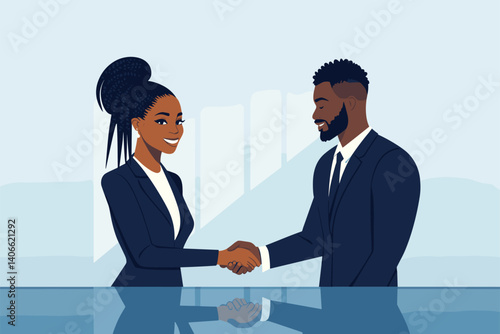 African woman in formalwear with box braids shaking hands with a male business partner after a deal, contract on table vector illustration