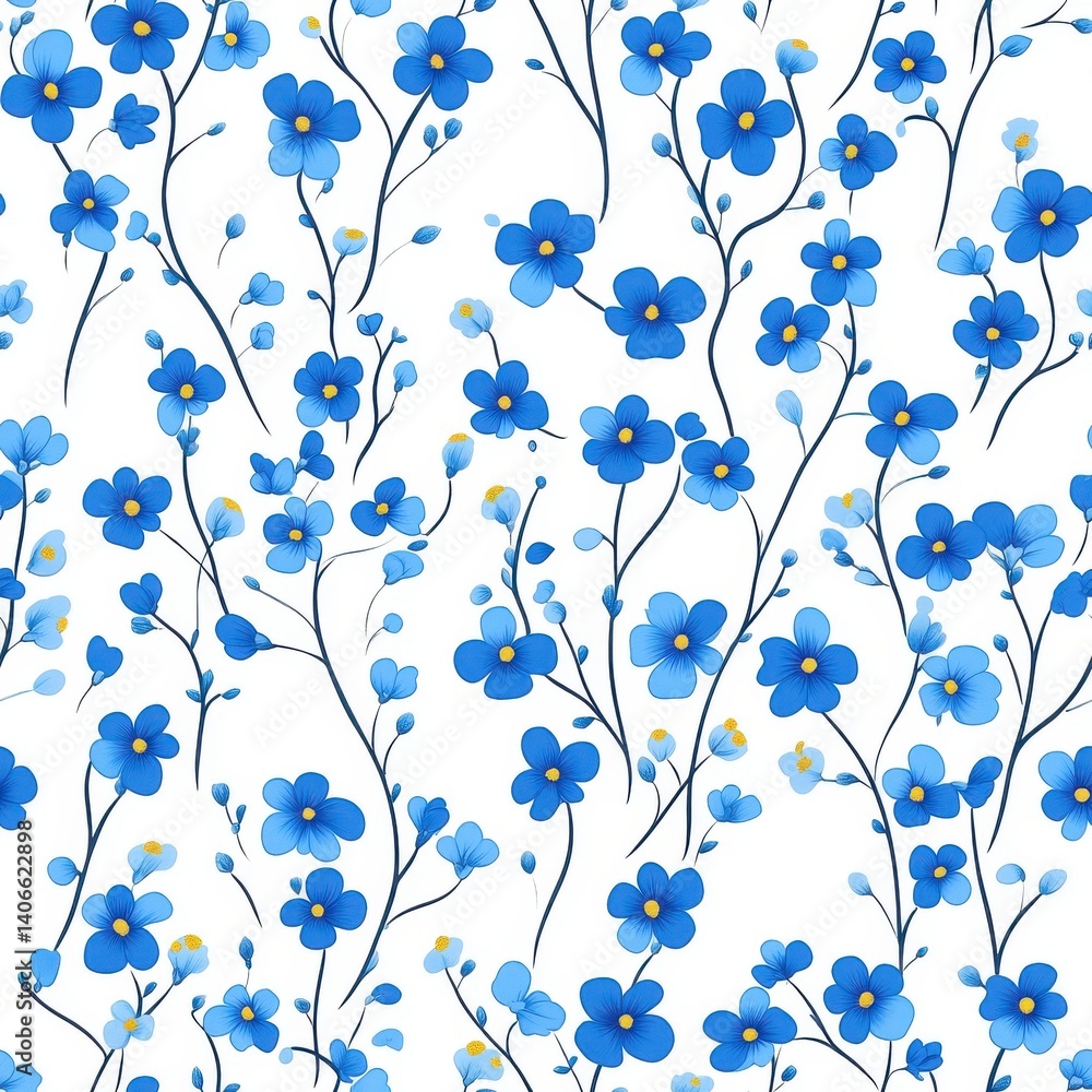 Delicate Blue Flowers Seamless Pattern on White Delicate Blue Flowers Seamless Pattern on White