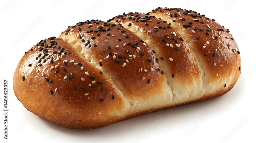 A delicious freshly baked loaf of bread is generously topped with sesame seeds and is ready to be sliced and served. A delicious freshly baked loaf of bread is generously topped with sesame seeds and is ready to be sliced and served.