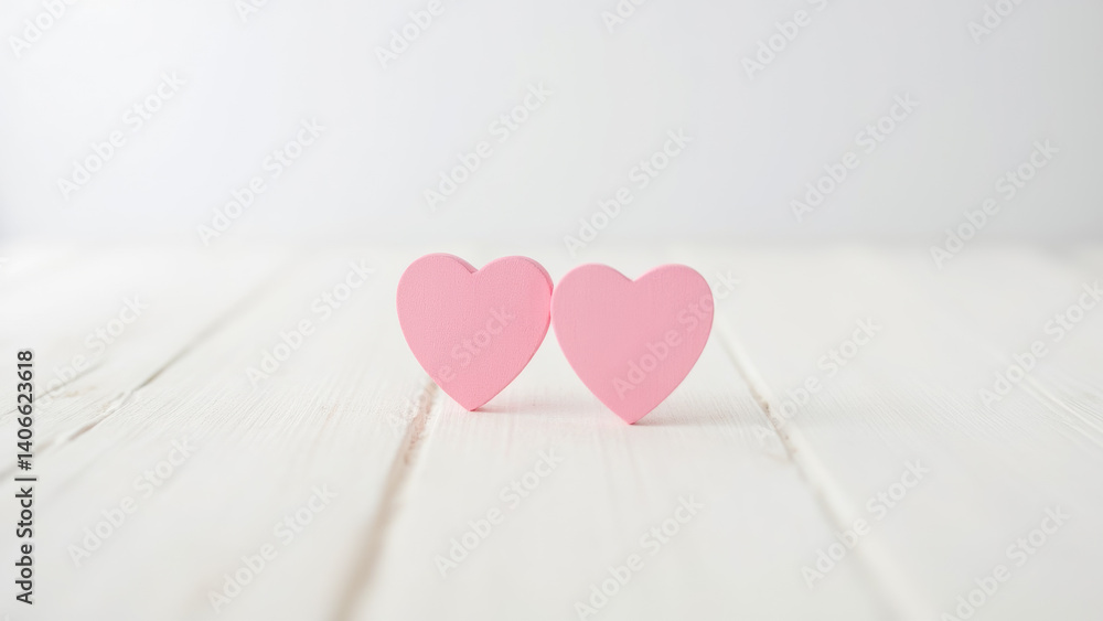 Two Pink Heart Shapes on a White Wooden Surface Symbolizing Love and Affection for Romantic and Wedding Themes in Stock Photography Two Pink Heart Shapes on a White Wooden Surface Symbolizing Love and Affection for Romantic and Wedding Themes in Stock Photography