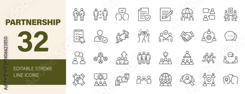 Partnership icon set. Containing business, agreement, cooperation, conversation, teamwork, documentation, work group and more. Editable line icons. Vector illustration.