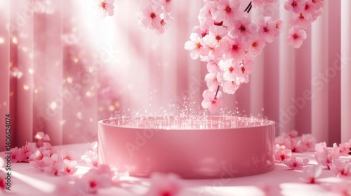 Pink Cherry Blossoms and Round Platform Display