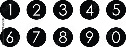 simple bullet point number icon set of 0-9. number in dark round circle vector illustration.