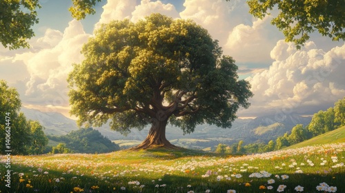 Large Green Tree in a Sunny Flower Field