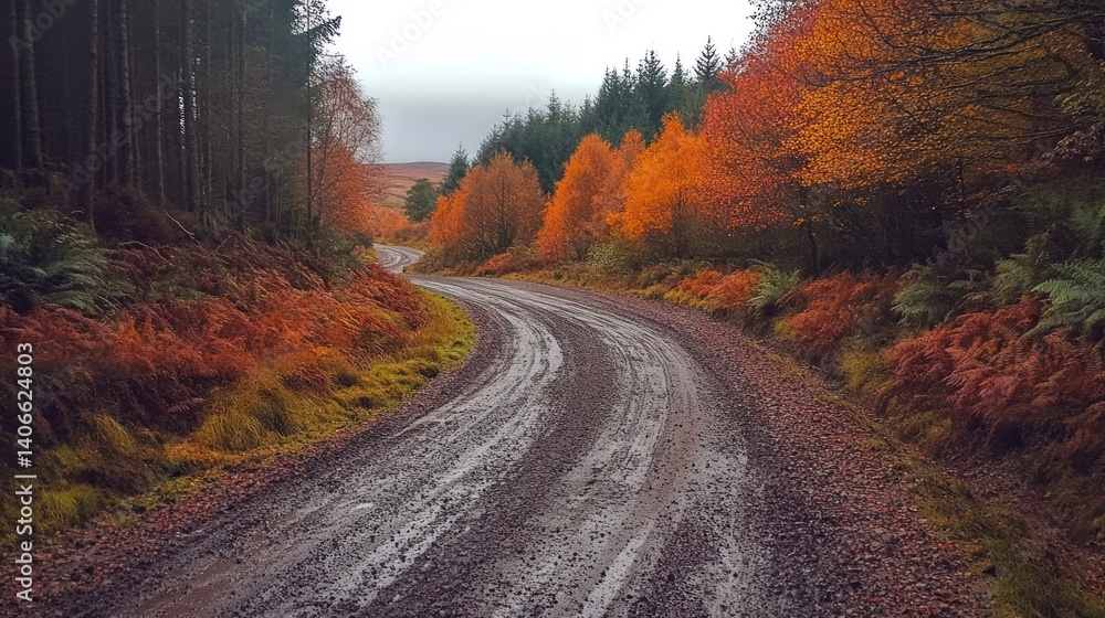 Obraz premium Autumn forest dirt road winding. Possible stock photo use showcasing nature beauty, tourism