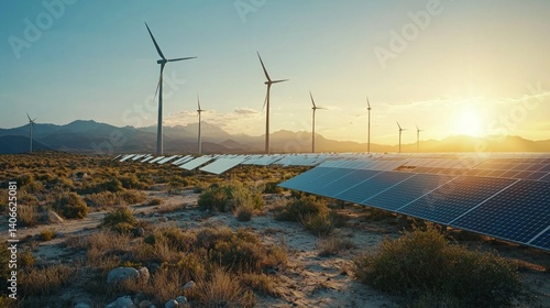 Modern Renewable Energy in Middle East Desert Landscape at Sunset