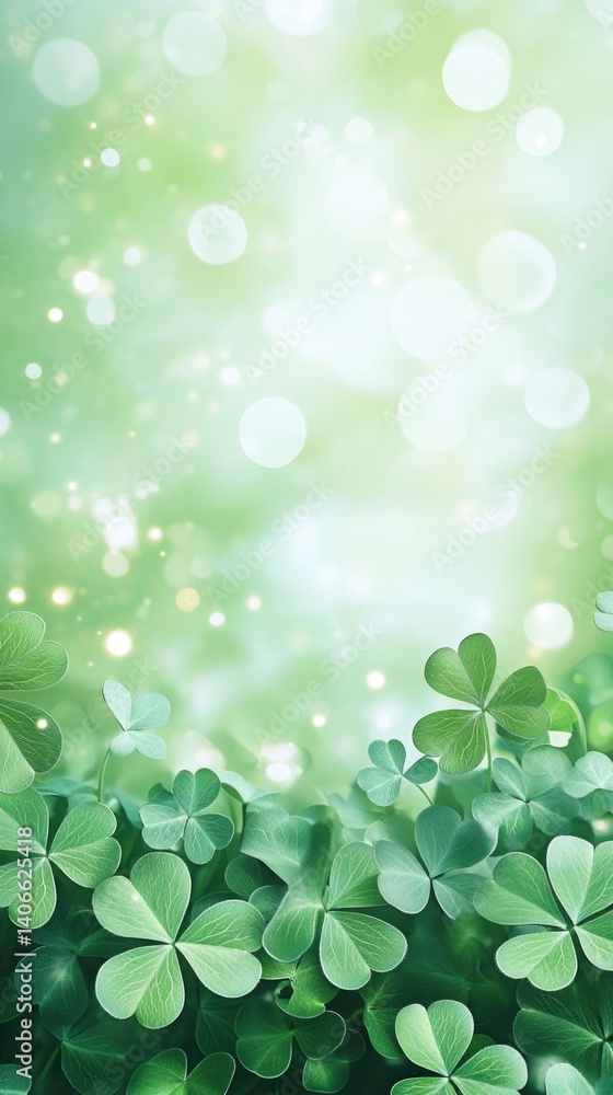 Vibrant green clover leaves with soft bokeh background. Saint Patrick's Day, St Paddy's Day, St Patty's Day - Irish National Holiday and Cultural Celebration