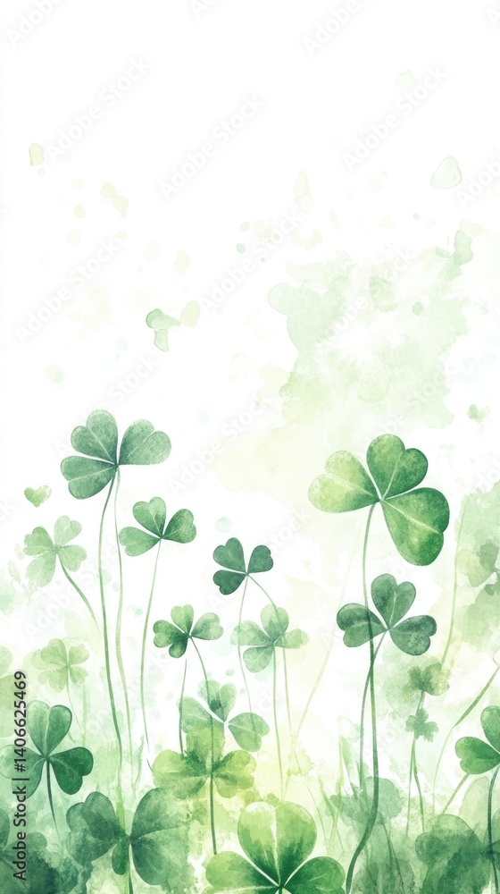 Fototapeta premium Lush green watercolor clover field with delicate shamrocks. Saint Patrick's Day, St Paddy's Day, St Patty's Day - Irish National Holiday and Cultural Celebration