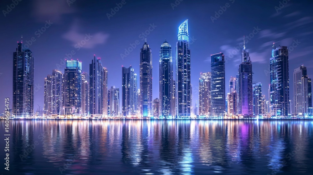 Obraz premium Modern Skyline of Dubai at Night Reflecting on Water Surface