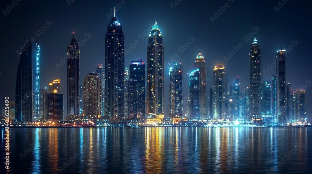 Fototapeta premium Modern Skyline of Middle Eastern City at Night with Stunning Lights