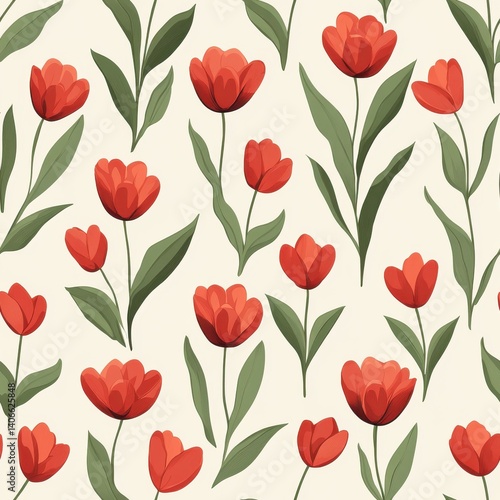 Seamless Pixel Art Pattern of Red Tulips and Green Leaves on Beige