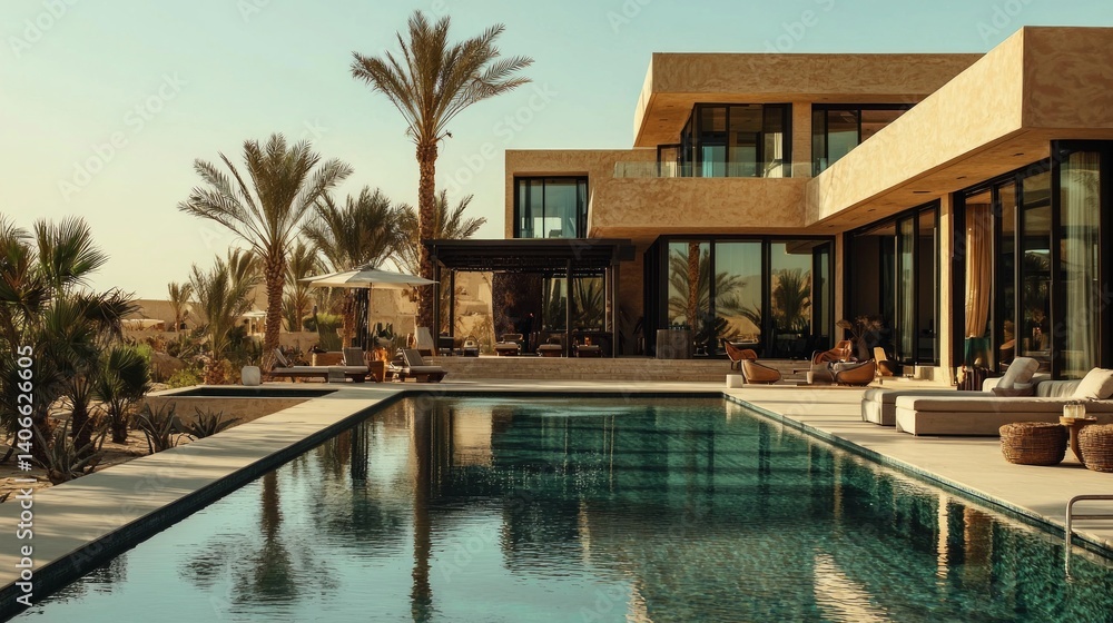 Obraz premium Modern Villa in Middle Eastern Landscape with Pool and Palm Trees