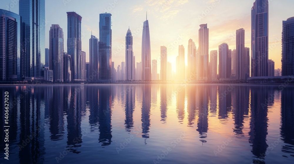Fototapeta premium Modern Urban Skyline at Sunrise in Middle East Environment