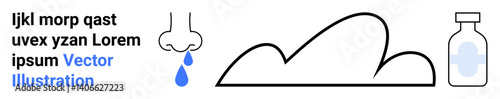 Nose with a drop, bottle with medicine, and minimalistic cloud outline. Ideal for healthcare, allergies, medications, sinus care, cold symptoms, weather effects simple landing page