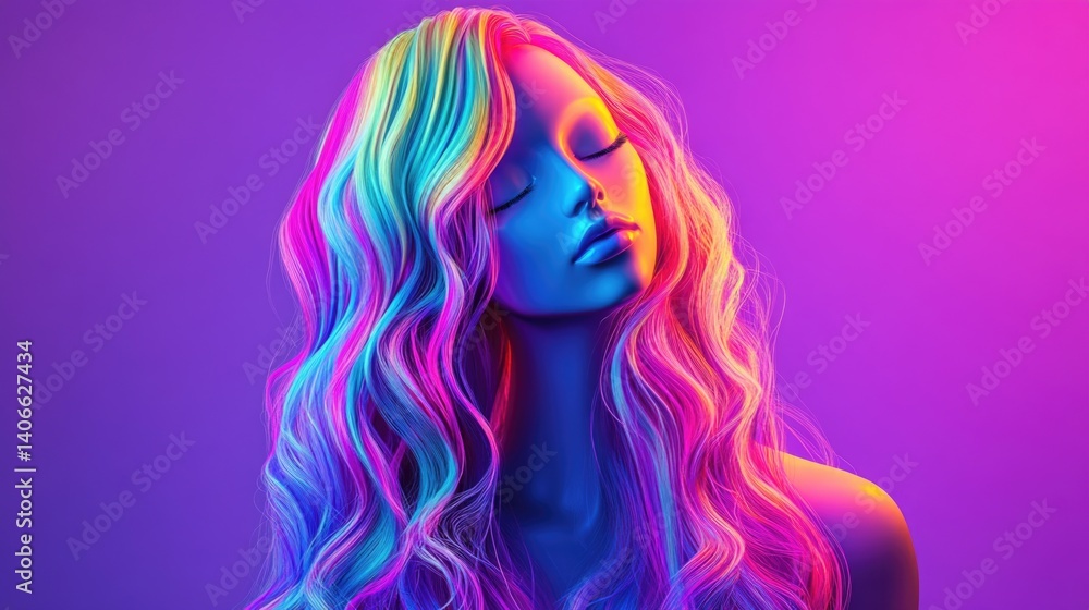 Abstract portrait of young woman illuminated by vibrant neon colors in dark setting Abstract portrait of young woman illuminated by vibrant neon colors in dark setting