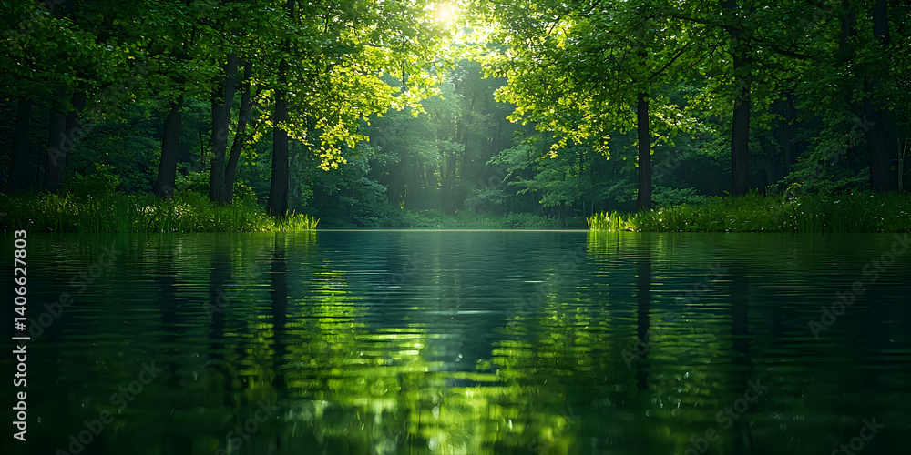 Sunlit Forest Lake: Tranquil Water Reflects Lush Green Trees in a Serene Landscape Sunlit Forest Lake: Tranquil Water Reflects Lush Green Trees in a Serene Landscape