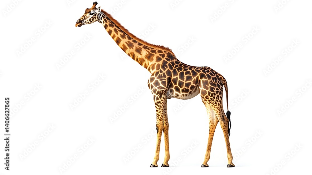 Fototapeta premium African giraffe standing isolated on white background, full body side view of wild animal with long neck and patterned coat 
