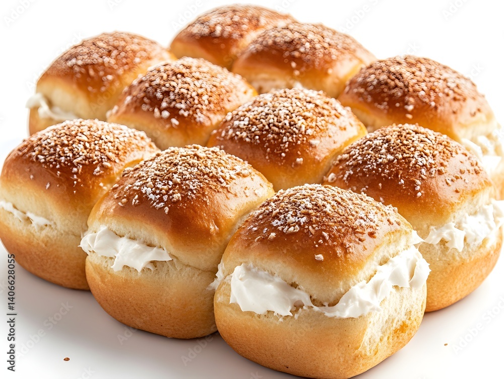 A dozen delicious homemade cream-filled rolls topped with toasted coconut are arranged neatly on a white background. A dozen delicious homemade cream-filled rolls topped with toasted coconut are arranged neatly on a white background.