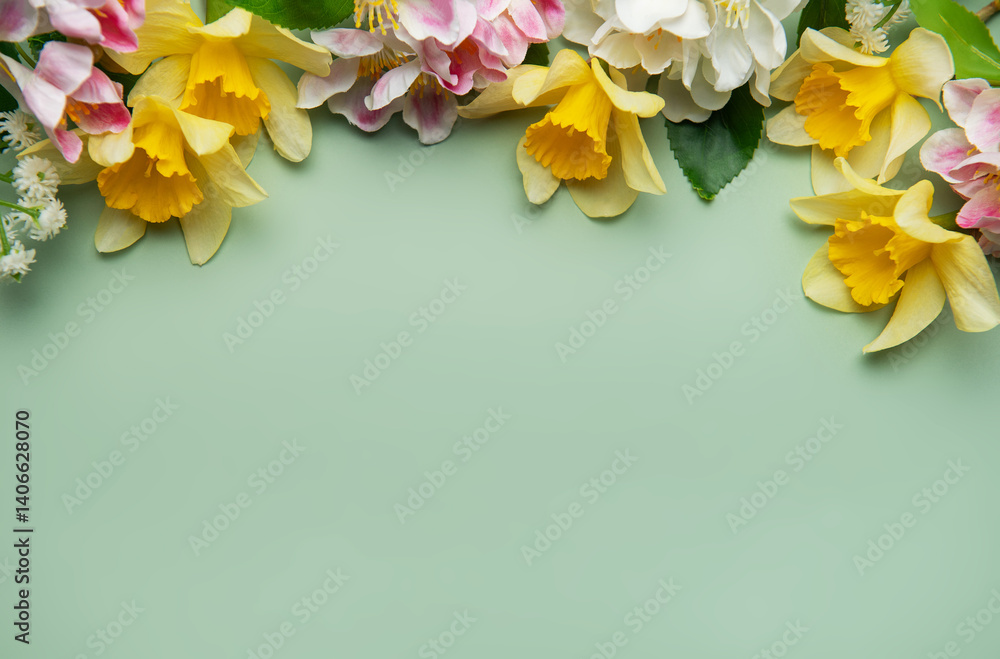 Daffodils and spring flowers creating a floral border on pastel green background