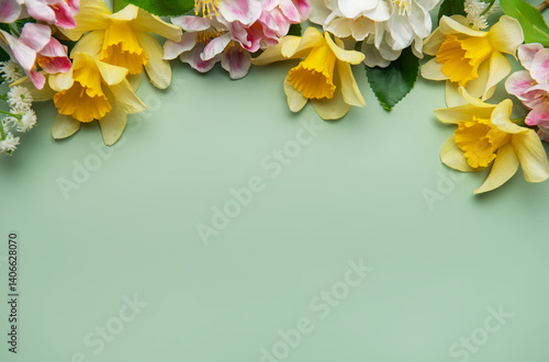 Obraz na płótnie Daffodils and spring flowers creating a floral border on pastel green background w salonie