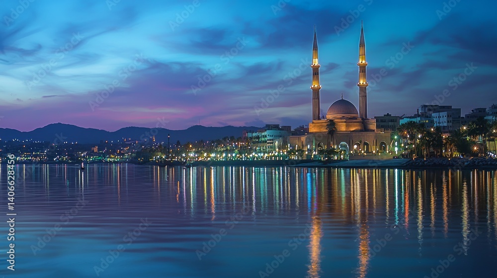 Fototapeta premium Modern Middle Eastern Cityscape with Reflections at Dusk
