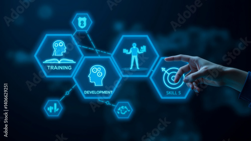 Digital Training and Development Concept with Skill Enhancement and Growth Visualization in Futuristic Style